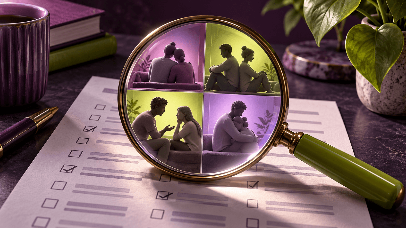 A magnifying glass over a relationship questionnaire, with four small different pairs of human silhouettes visible in its lens