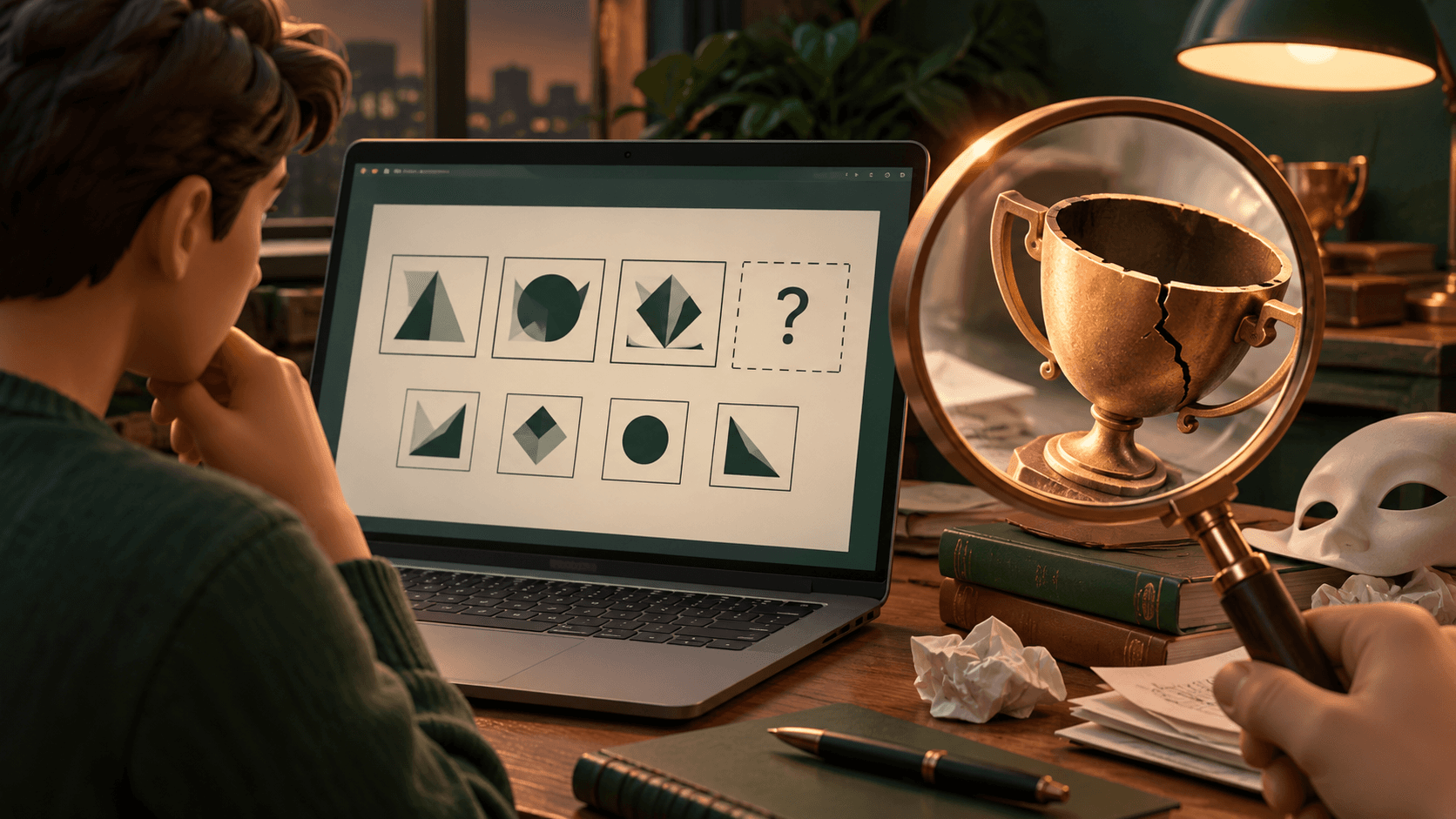 A laptop displaying a geometric reasoning puzzle, examined through a magnifying glass that reveals a hollow trophy beside it