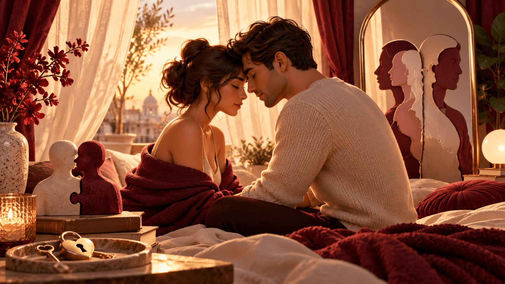 Two people leaning gently forehead to forehead, framed by open curtains and warm intimate lamplight
