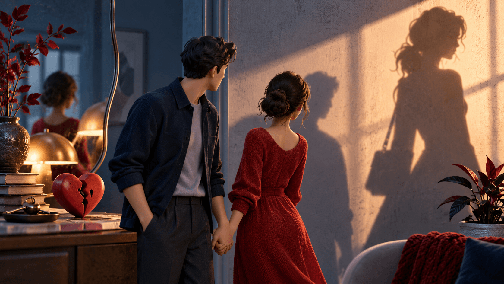 A couple holding hands while one looks toward an oversized third shadow cast on a nearby wall