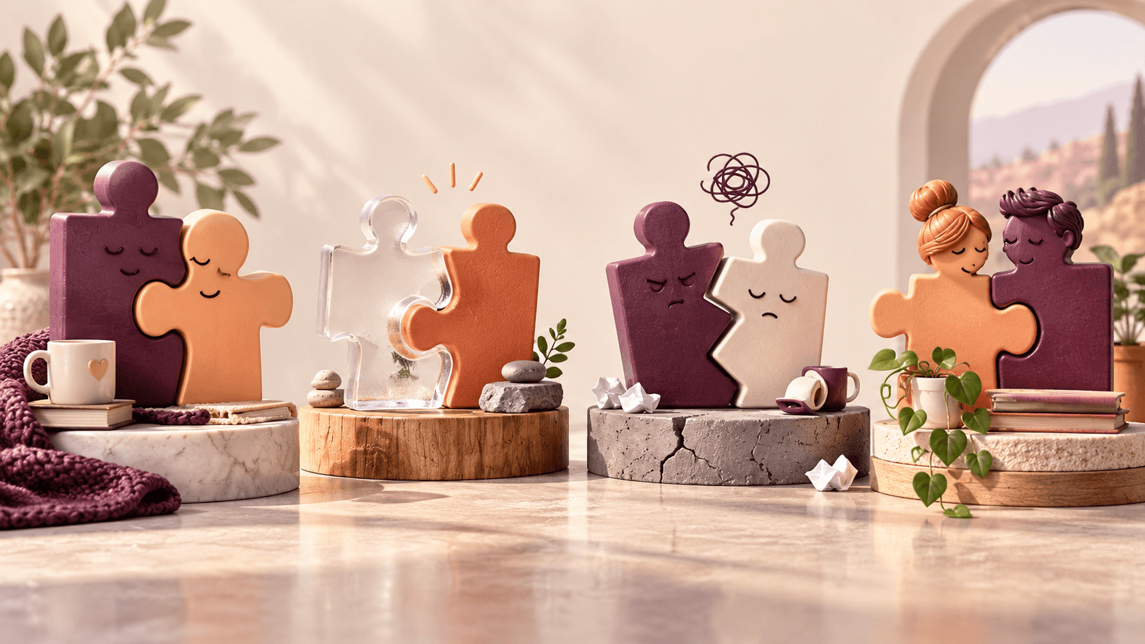 Four pairs of differently shaped interlocking puzzle pieces arranged as couples on separate small platforms