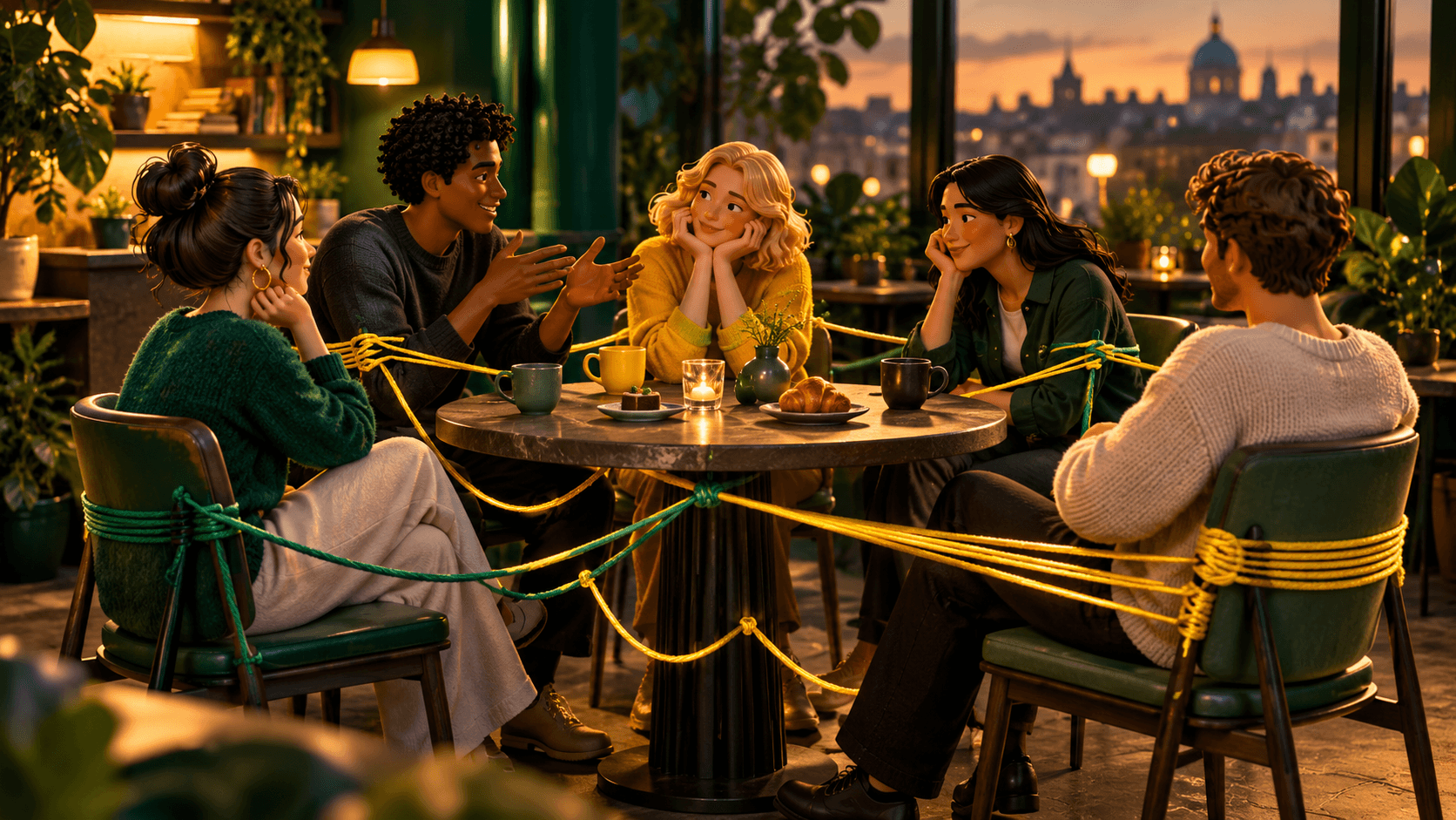 Five friends around a circular café table, connecting threads between their chairs alternately loose and taut