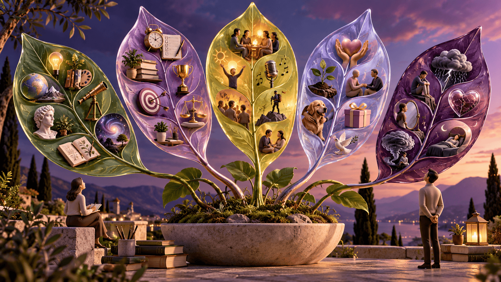 Five large glass leaves branching into six small leaflets each, like a botanical specimen of personality