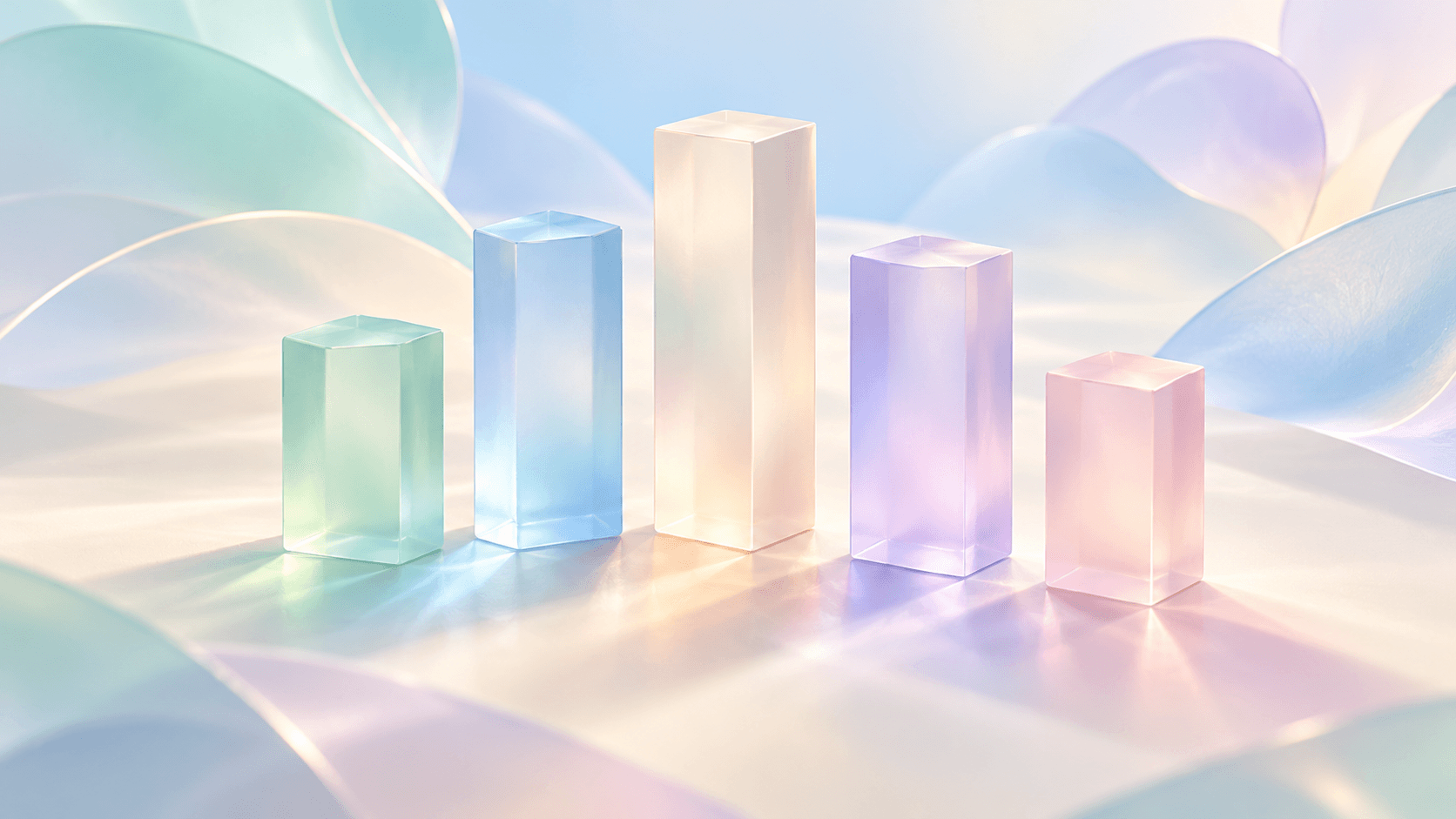 Five translucent glass prisms of different heights in soft pastel colours, representing the Big Five personality traits