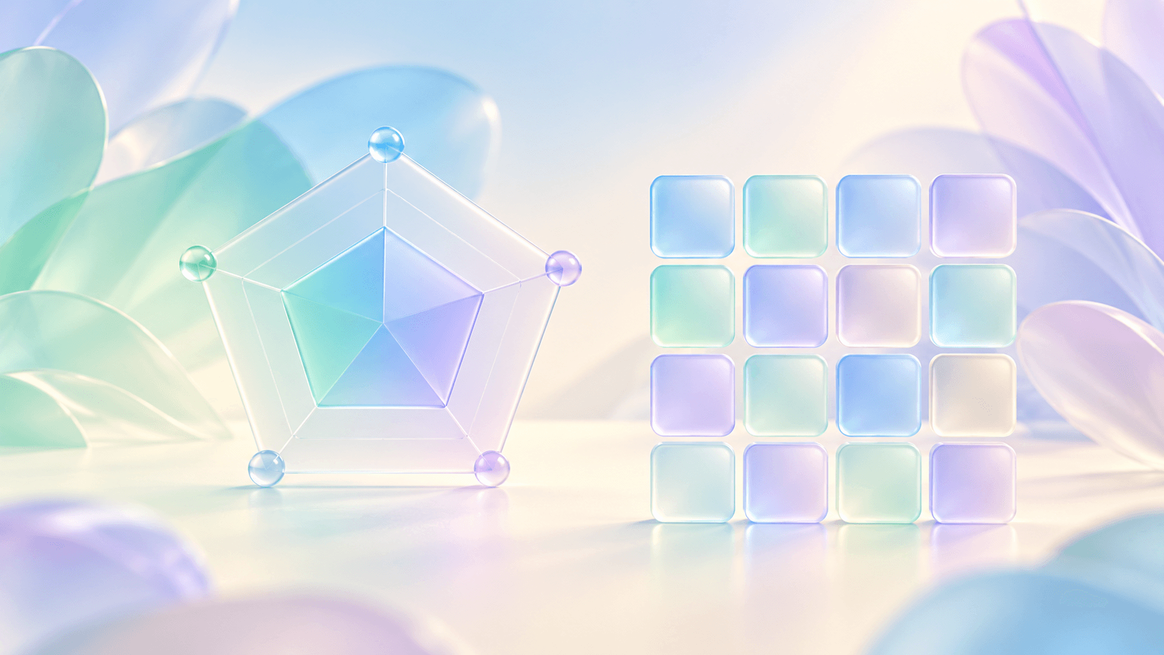 A smooth glass pentagon beside a grid of sixteen small frosted tiles in pastel tones