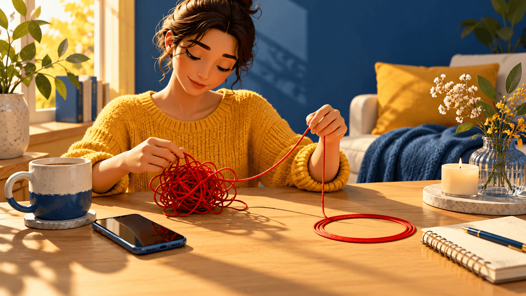 A person seated beside a phone, unwinding a tangled red thread into a calm loose circle with their hands