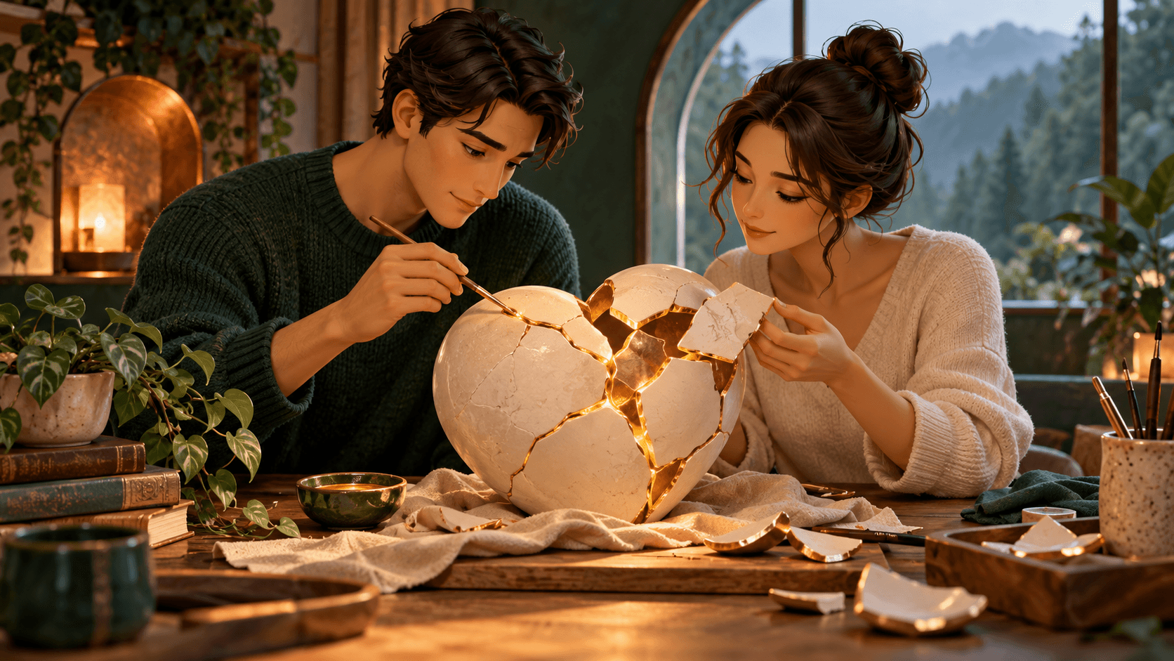 Two people patiently repairing a cracked ceramic heart together with gold seams