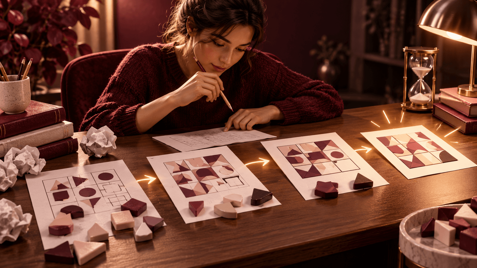 A desk with repeated geometric puzzle sheets and a pencil, successive puzzle pieces fitting more neatly