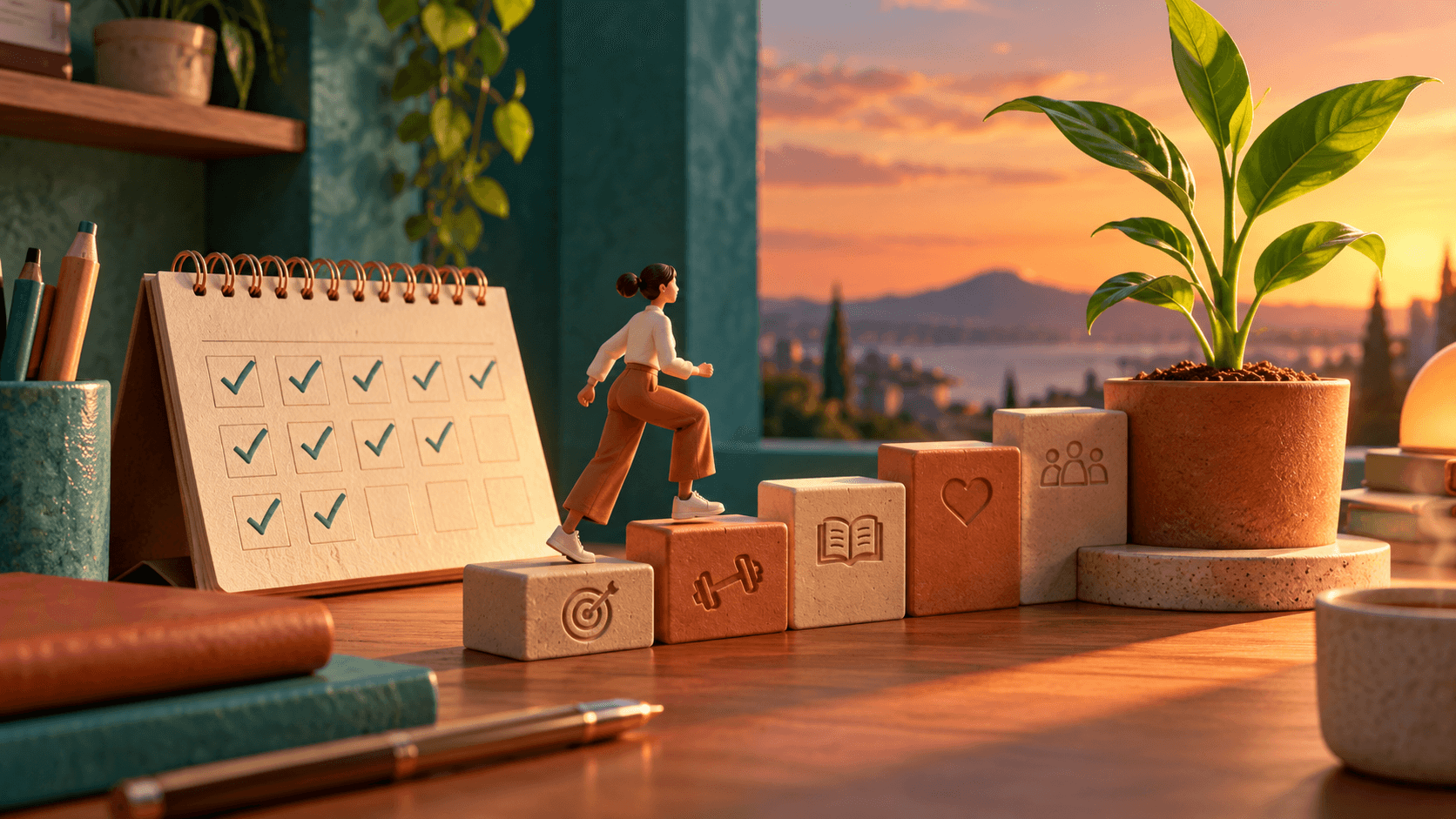 A carefully organized desk calendar and small completed steps leading toward a modest growing plant