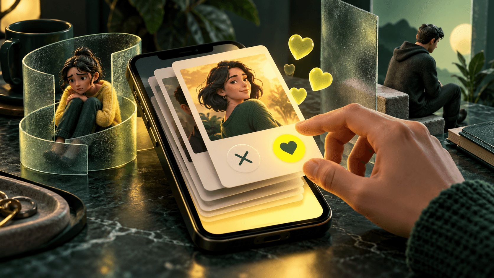 A phone with a stack of dating profile cards and heart symbols, a hand hesitating over one card