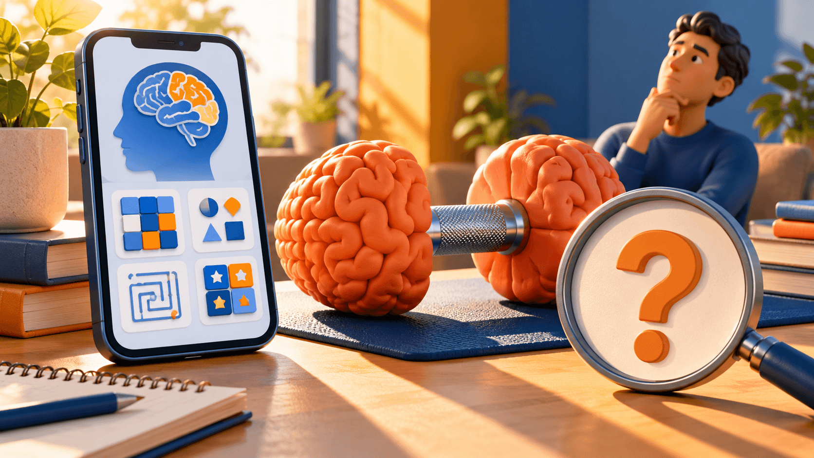 A phone showing a brain-training puzzle beside a dumbbell shaped like a brain and a questioning magnifying lens