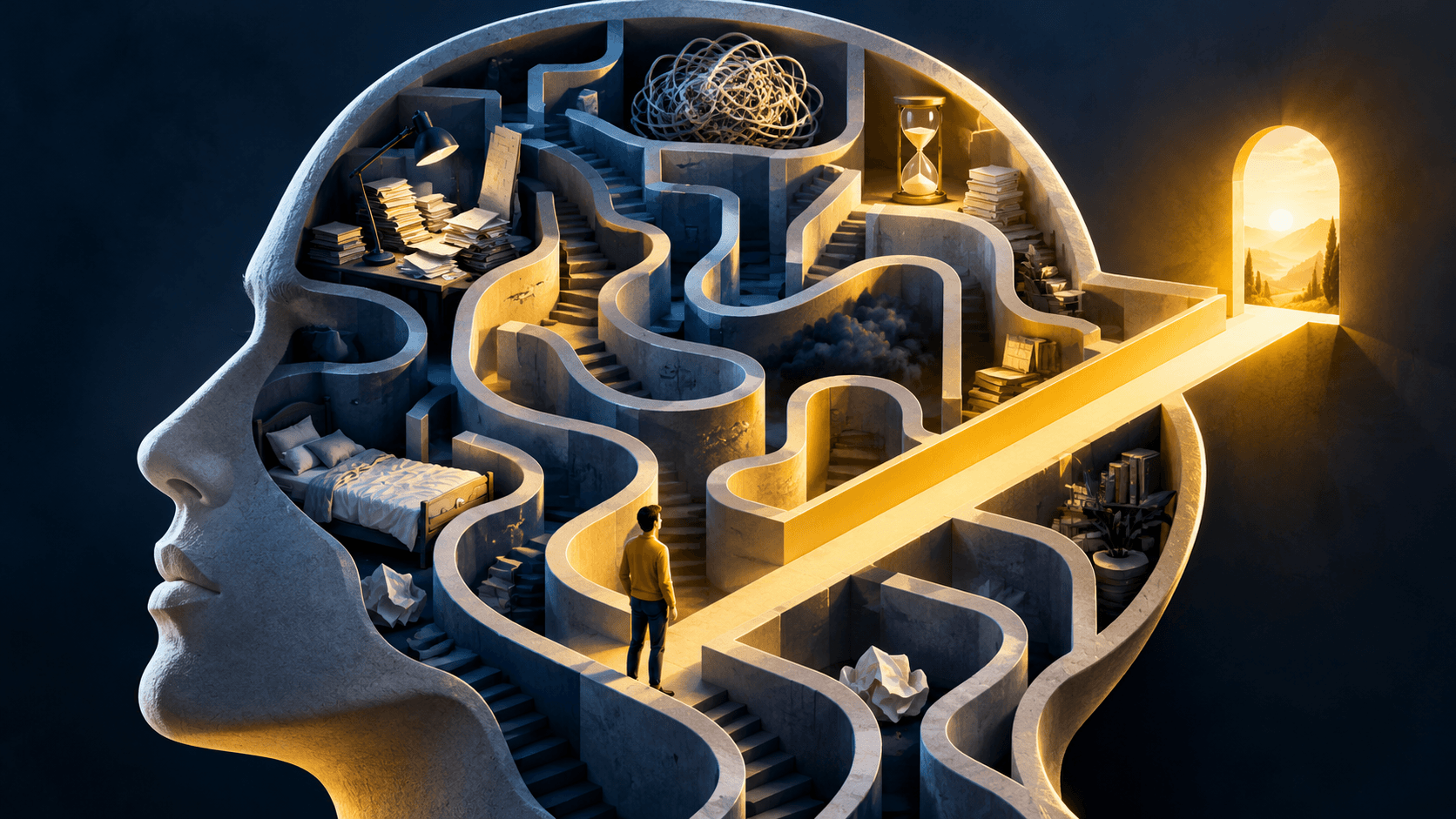 A human head silhouette filled with looping maze corridors, a single straight exit path visible