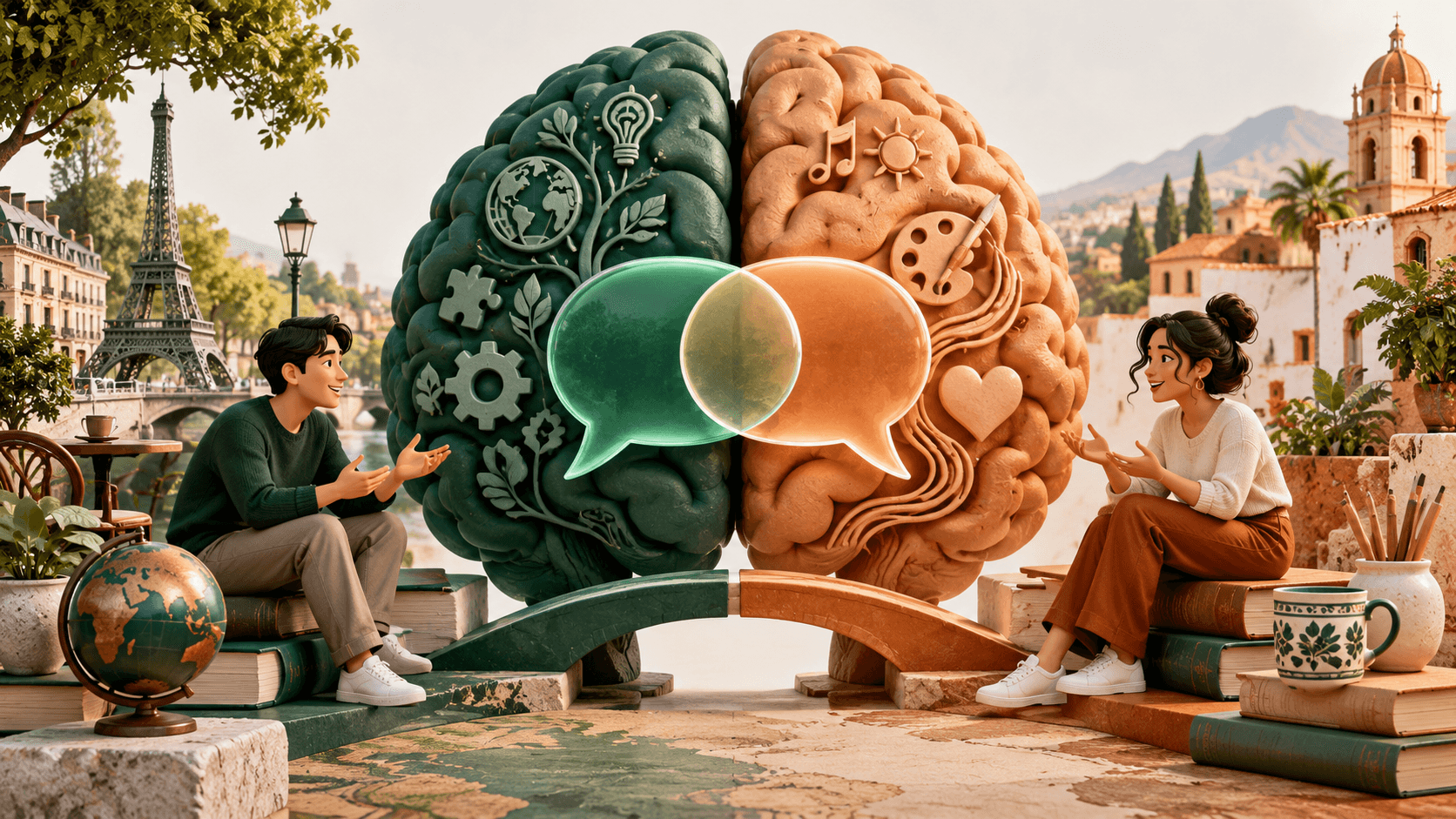 Two overlapping speech bubbles in distinct colors bridging two halves of a sculptural brain