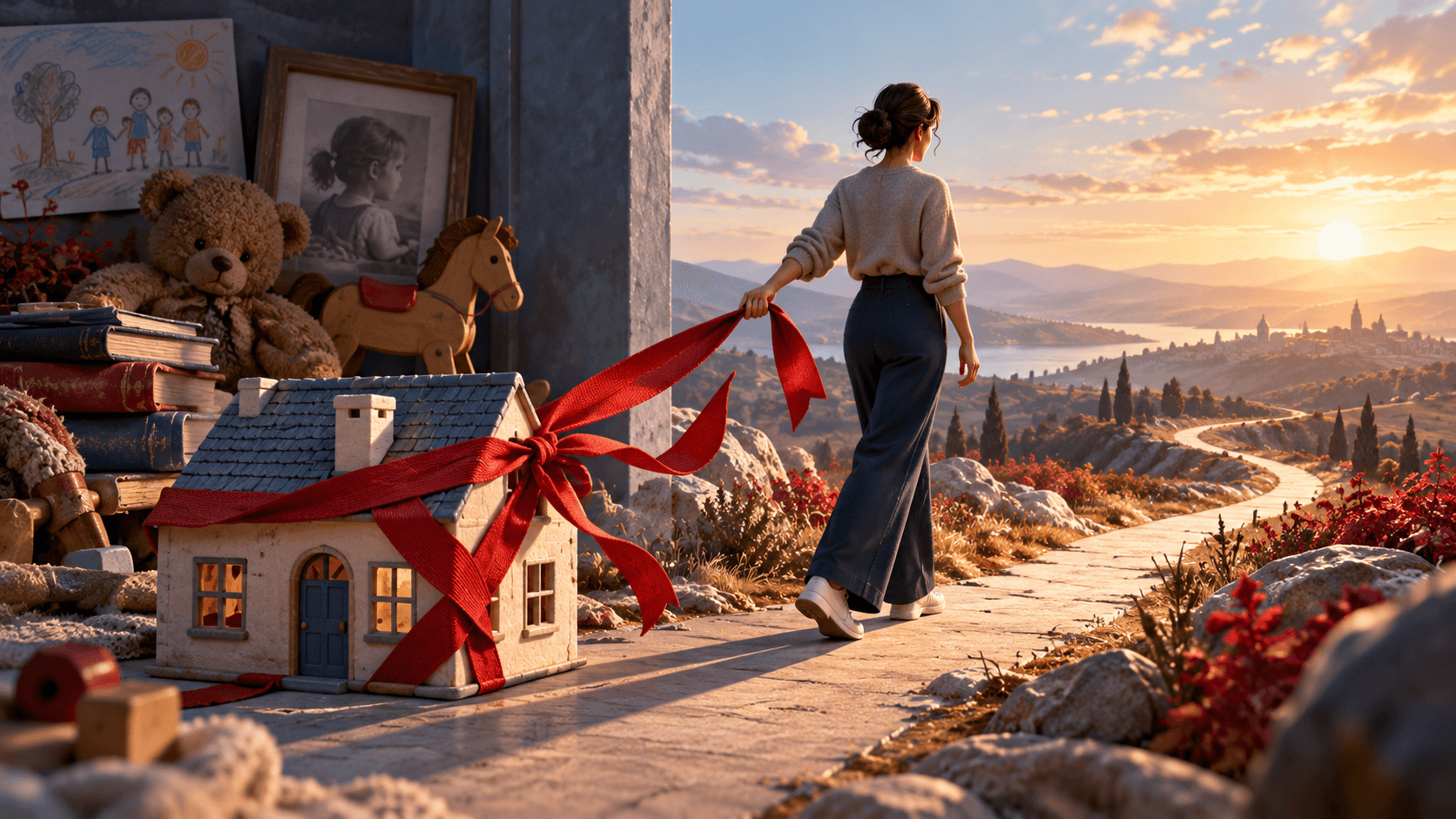An adult loosening a ribbon tied to a childhood toy house, with an open path extending ahead