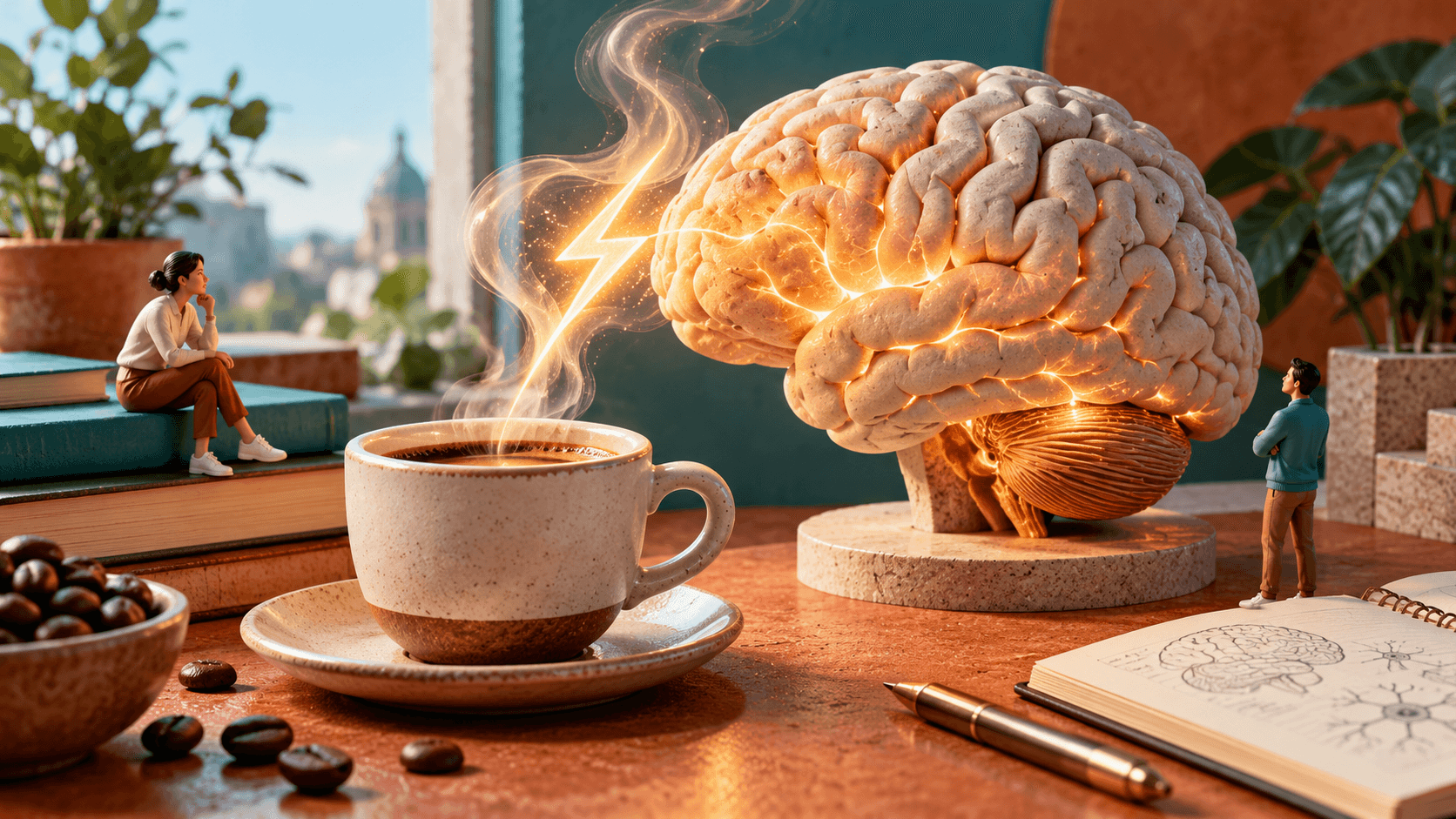 An espresso cup beside a sculptural brain, rising steam forming a brief lightning-shaped glow