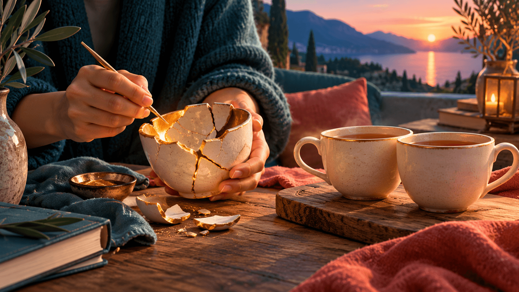 Hands mending a chipped teacup with luminous gold seams beside a stable pair of cups