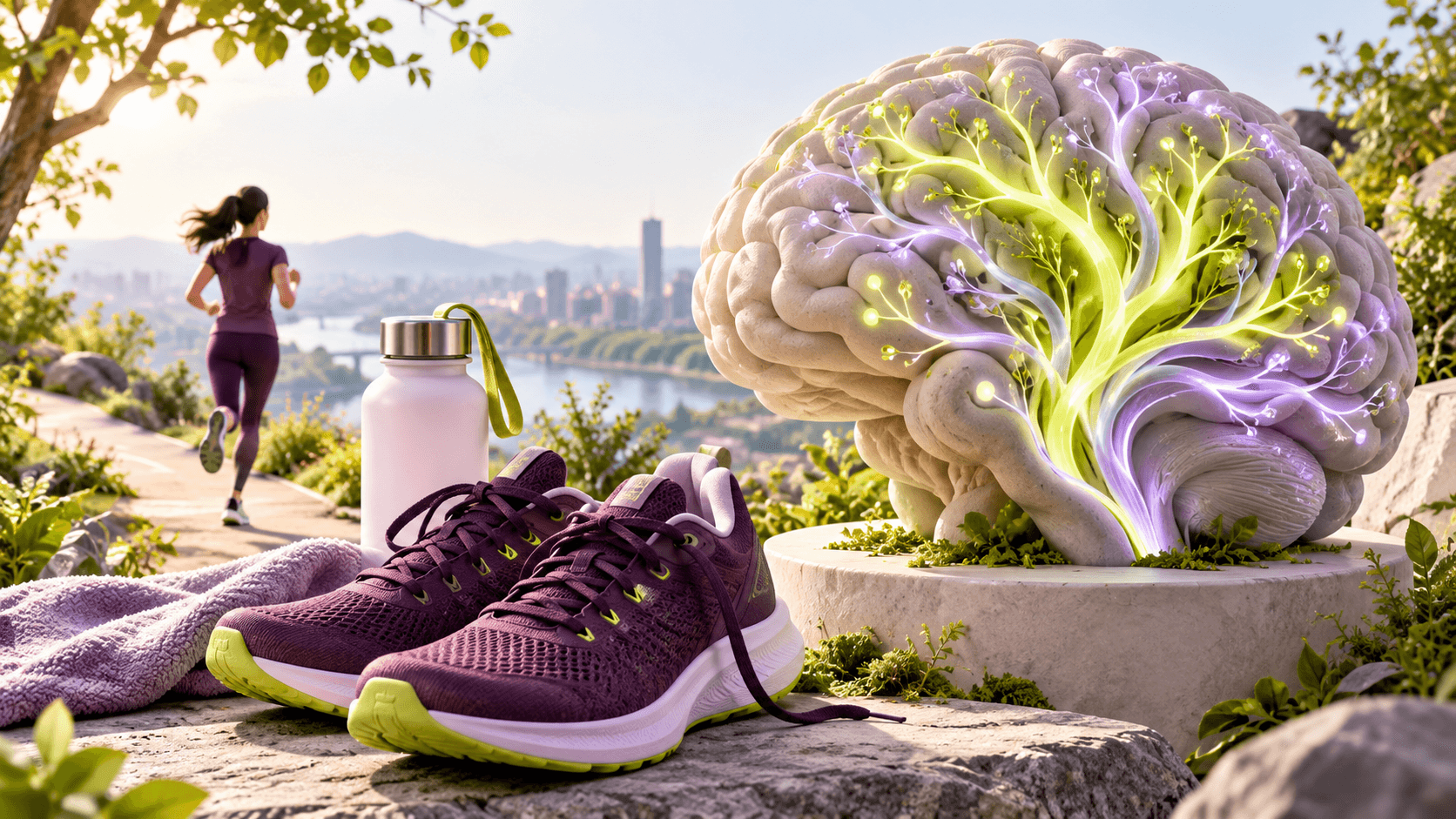 Running shoes beside a sculptural brain with fresh bright branching pathways