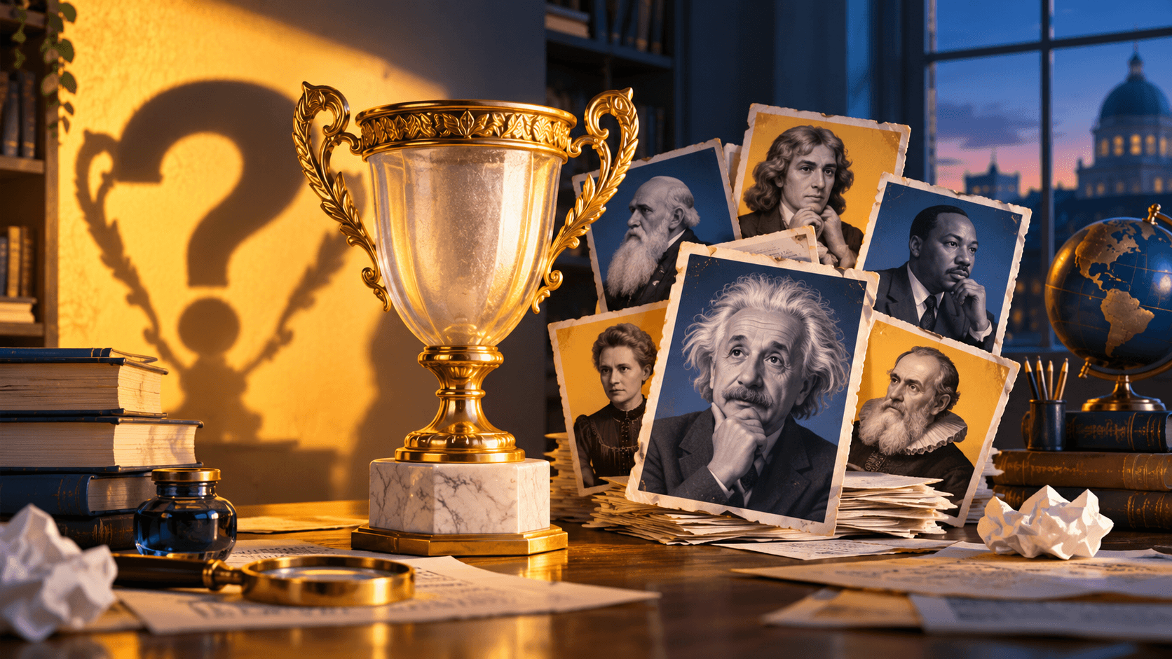 An ornate trophy with a question-mark shaped shadow beside a stack of unverified portrait cards