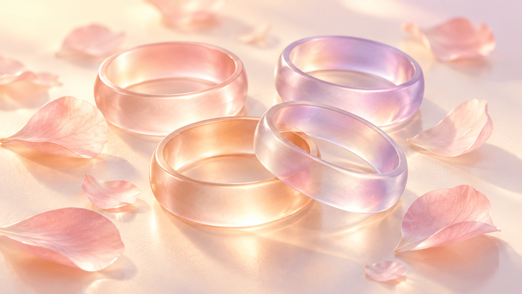 Four frosted glass rings in soft pastel tones arranged in a loose square, two gently overlapping