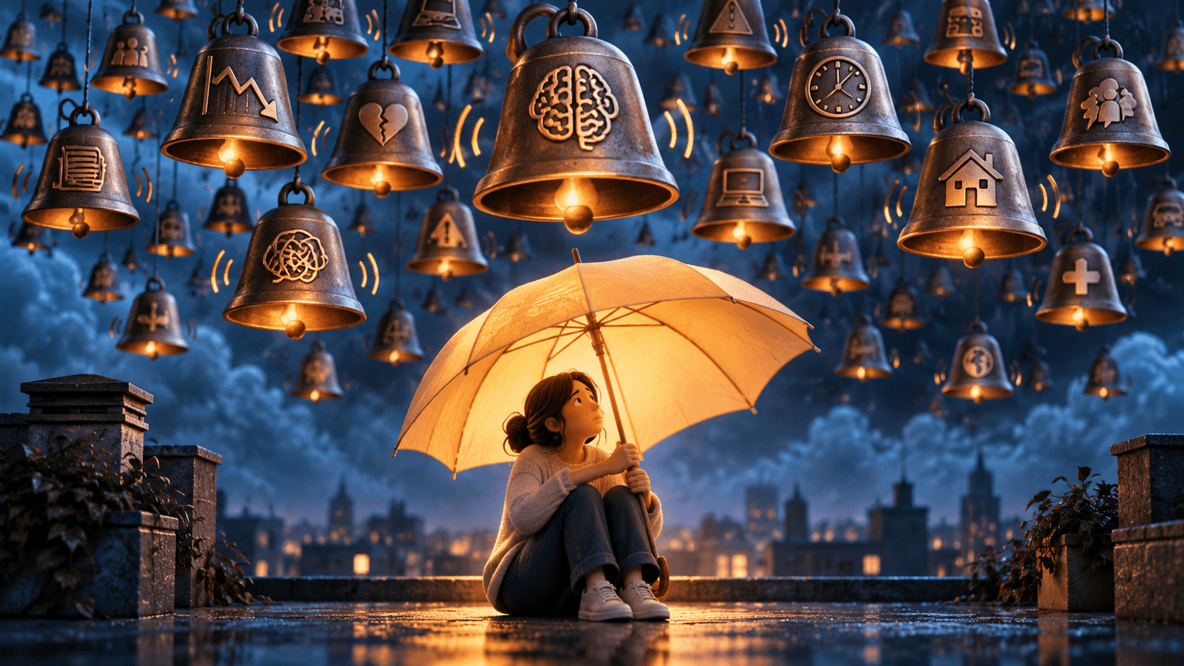 A small person under an umbrella as many tiny warning bells hang overhead