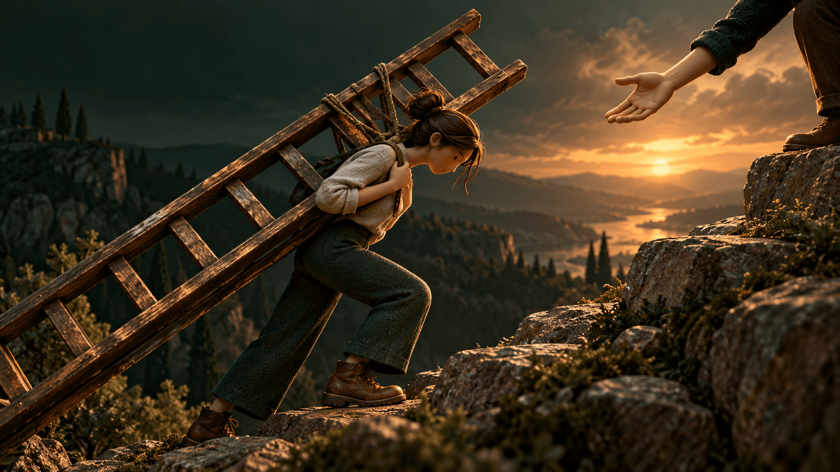 A person struggling to carry a large ladder alone while an offered helping hand waits nearby