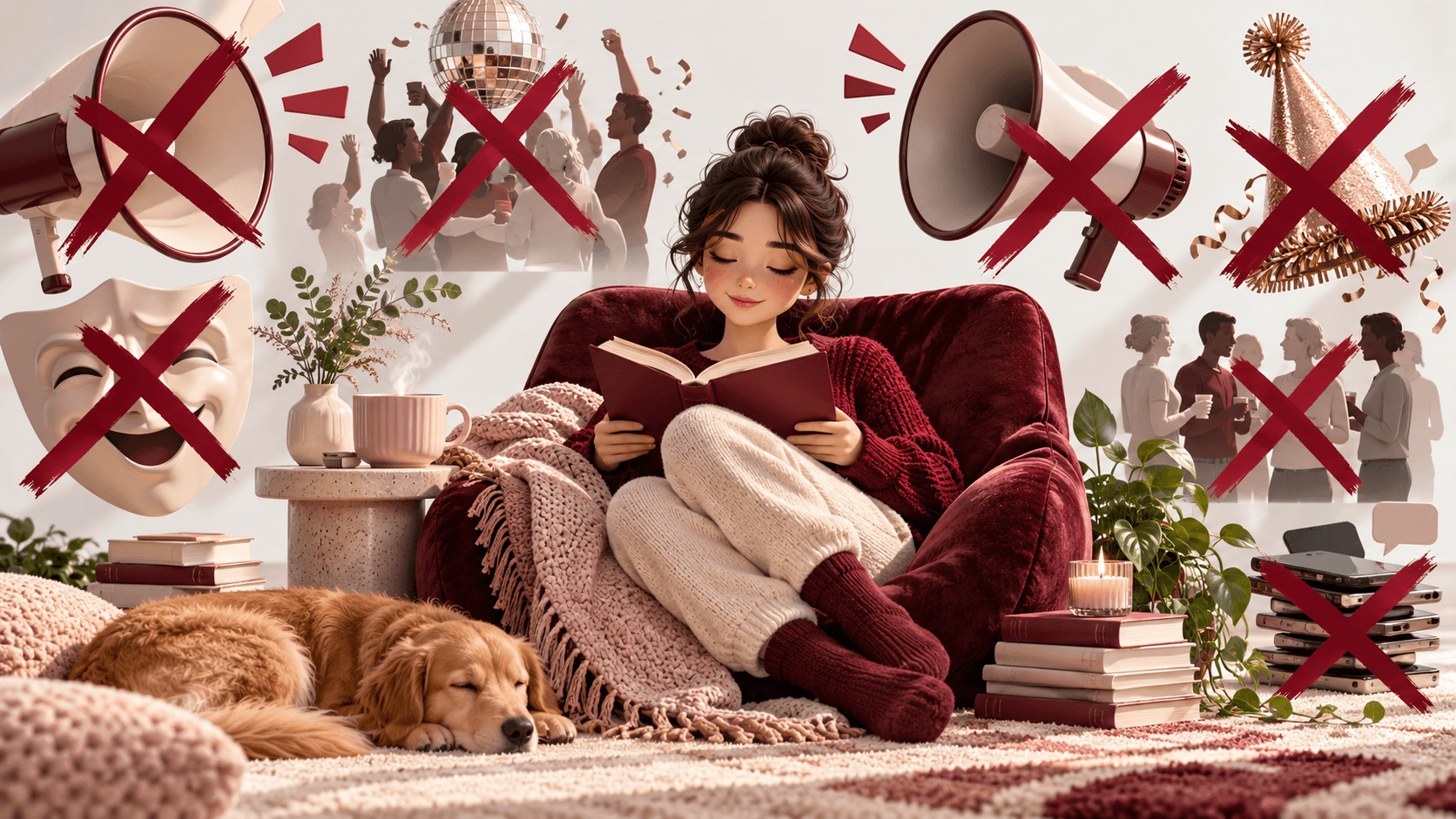 A content quiet reader surrounded by crossed-out theatrical stereotypes represented by empty loudspeakers and party hats