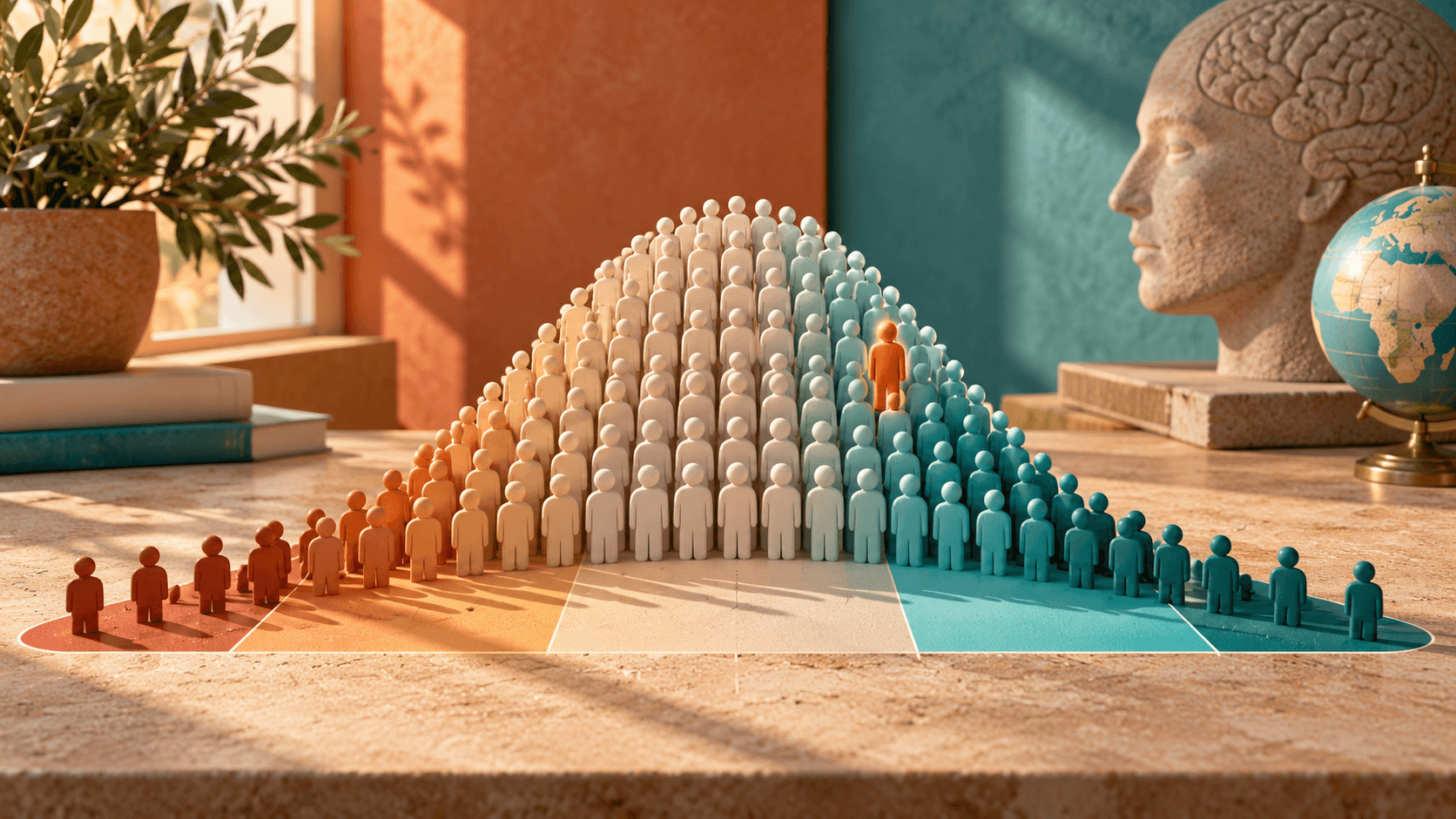 An elegant bell curve made of small people-shaped tokens, one token highlighted along the distribution