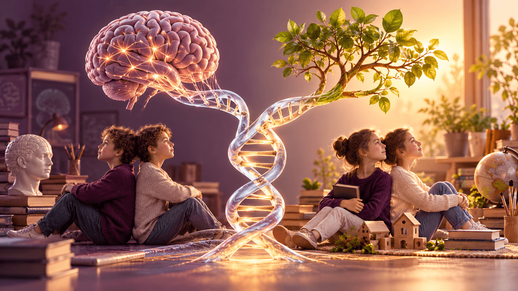 A translucent DNA double helix branching toward a brain and a small growing tree