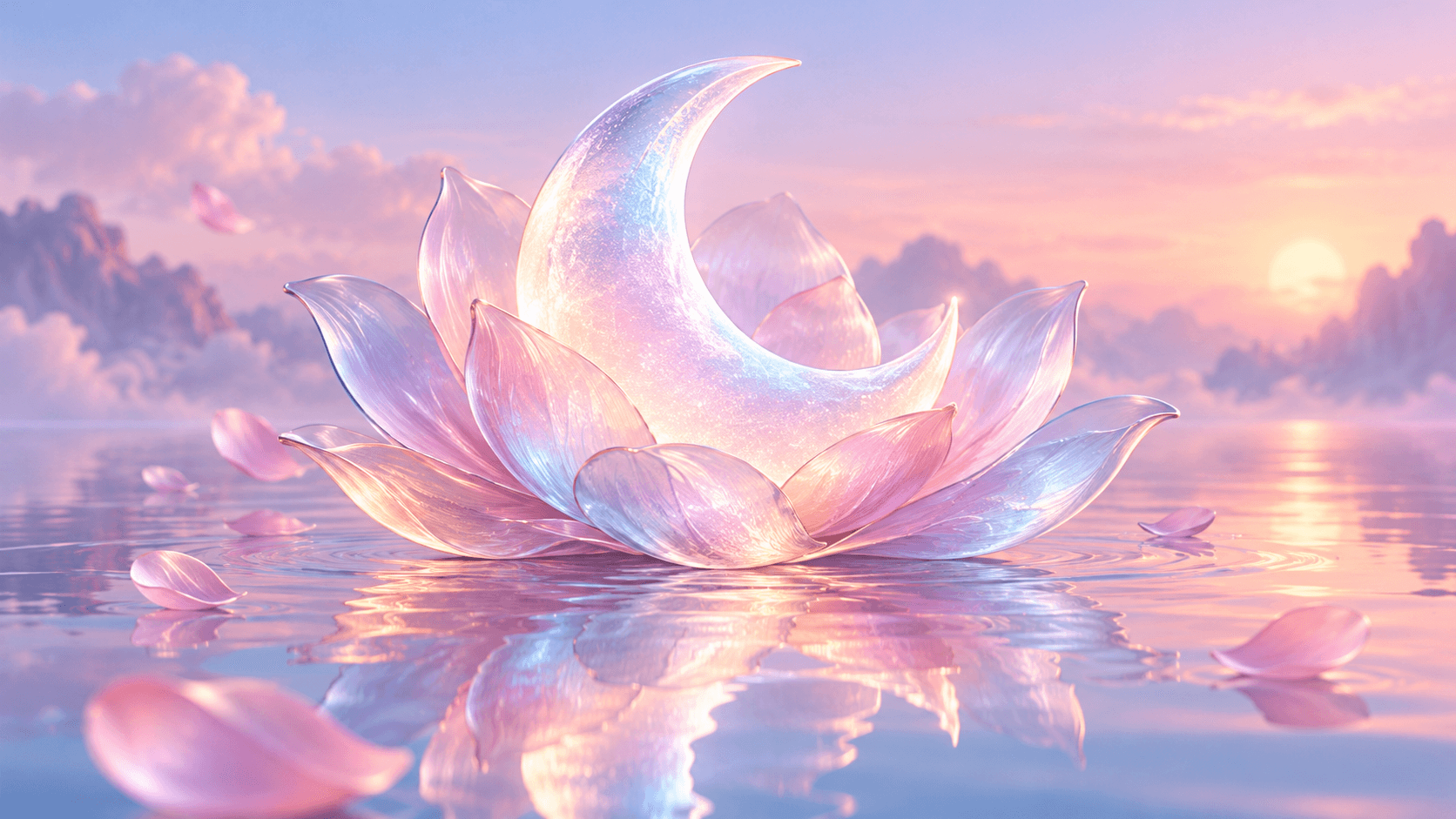 A frosted glass crescent moon resting on translucent pastel petals