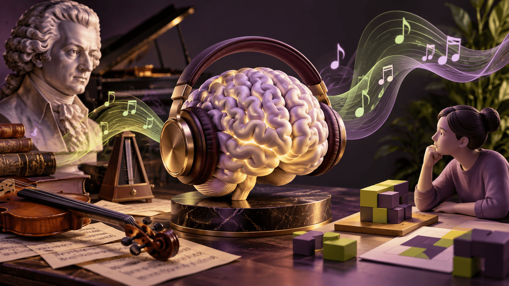 A pair of headphones around a sculptural brain, gentle musical waveforms flowing beside a reasoning puzzle
