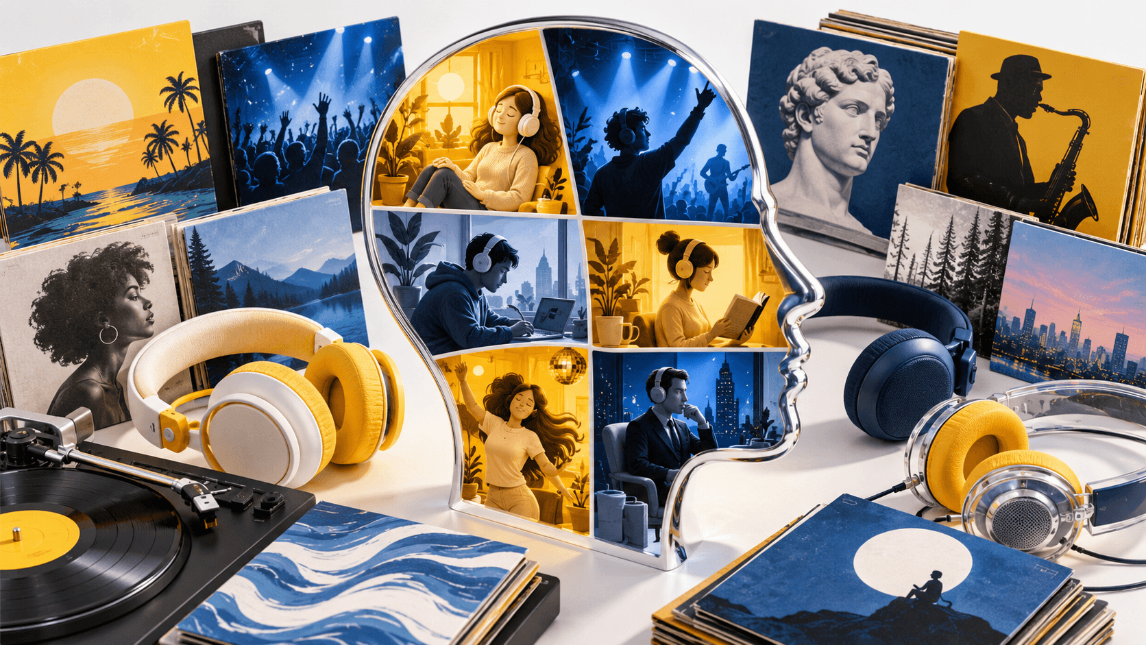 Several different headphones and record sleeves around a mirrored human profile