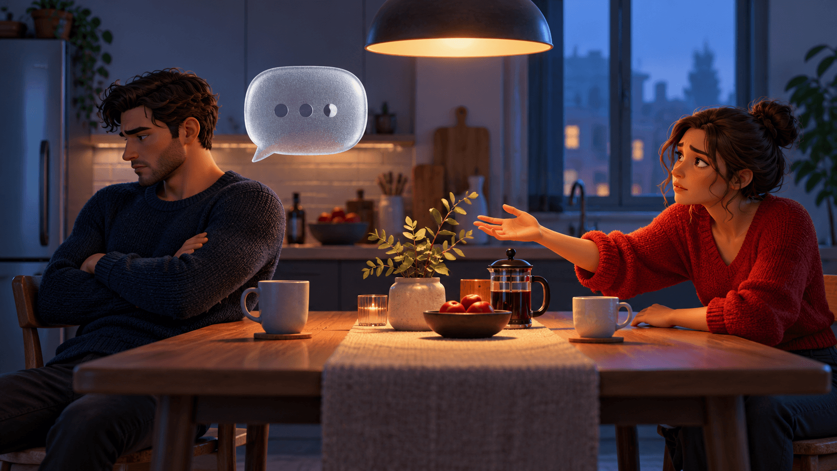 Two people at opposite ends of a kitchen table after an argument, one closed speech bubble and one reaching hand