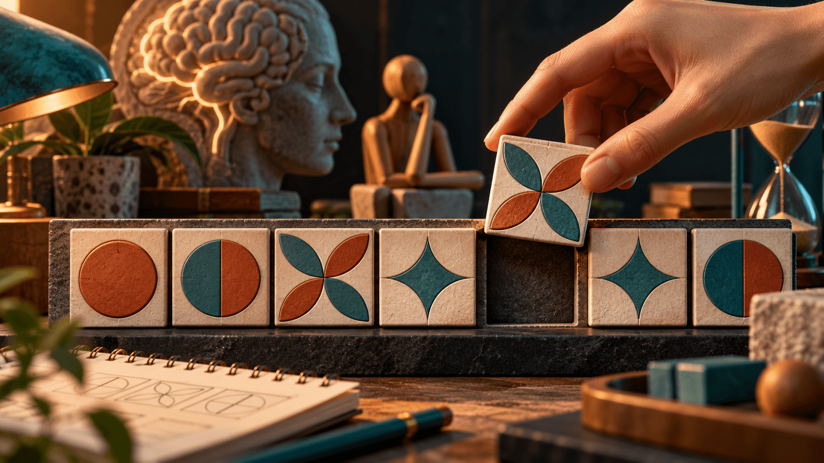 A sequence of patterned tiles with a single missing tile and a hand fitting the matching piece