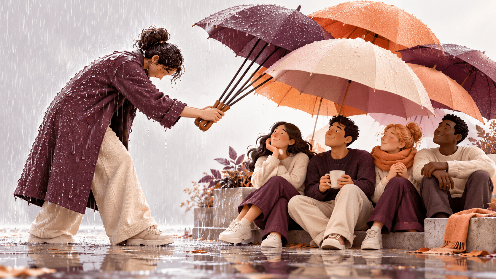 A person bending to hold many different umbrellas over others while standing in the rain themselves