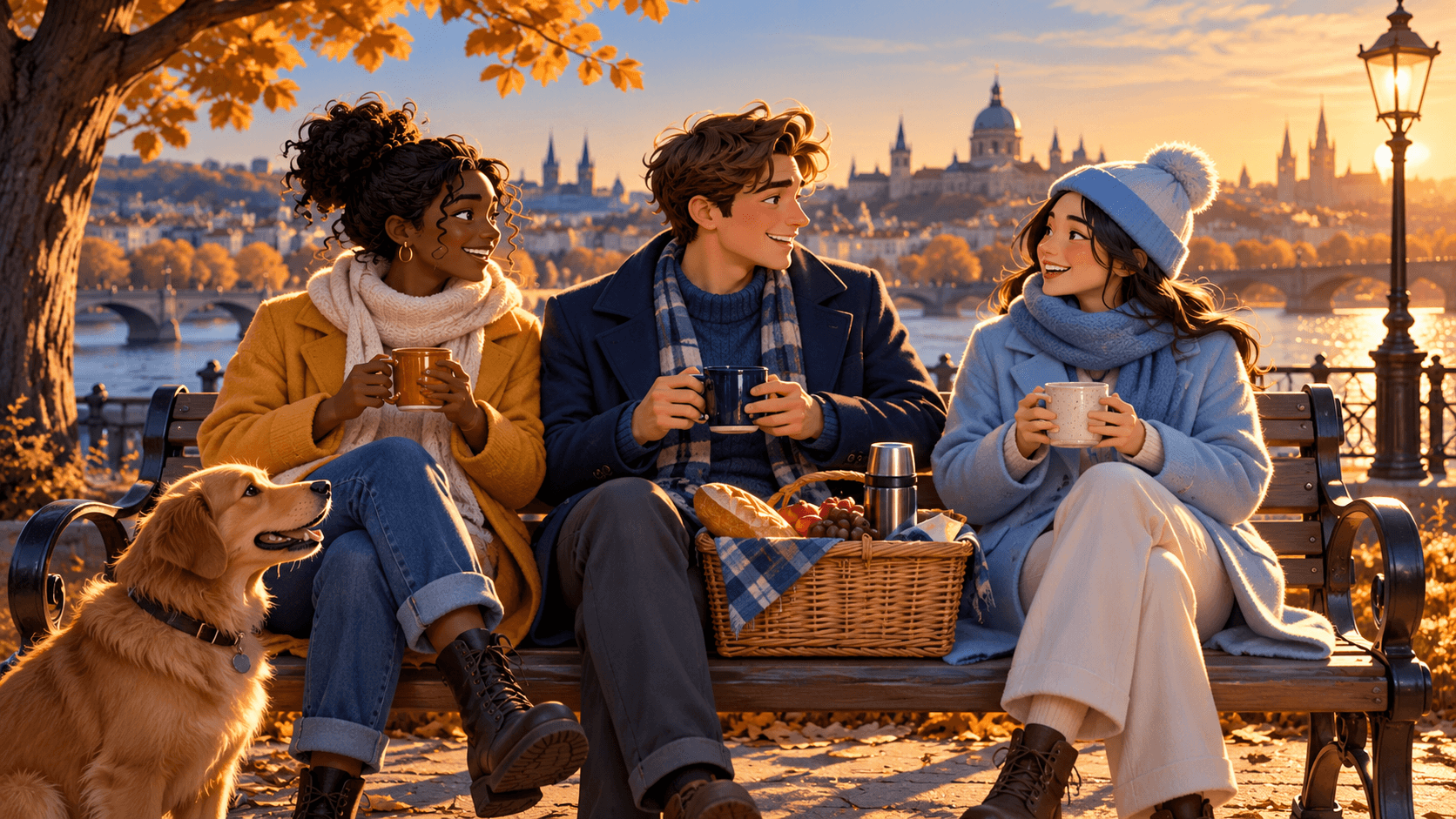 Three friends with different coats and mugs seated on a park bench sharing one picnic basket