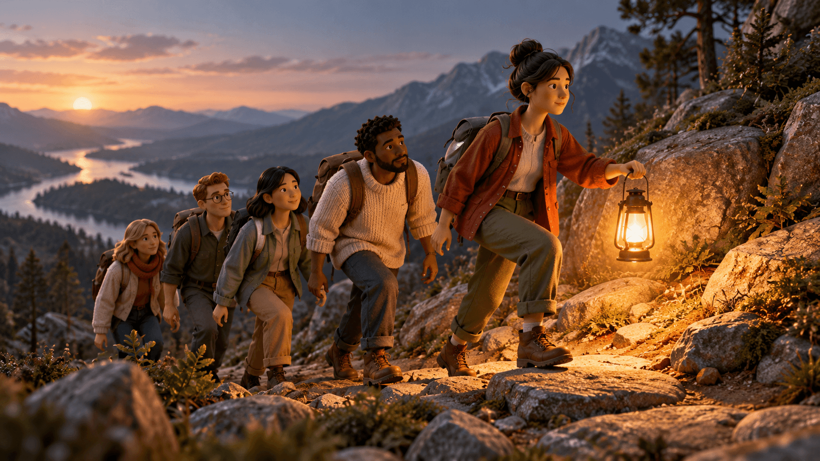 A group navigating a path together, a leader holding a lantern low enough to illuminate everyone's steps