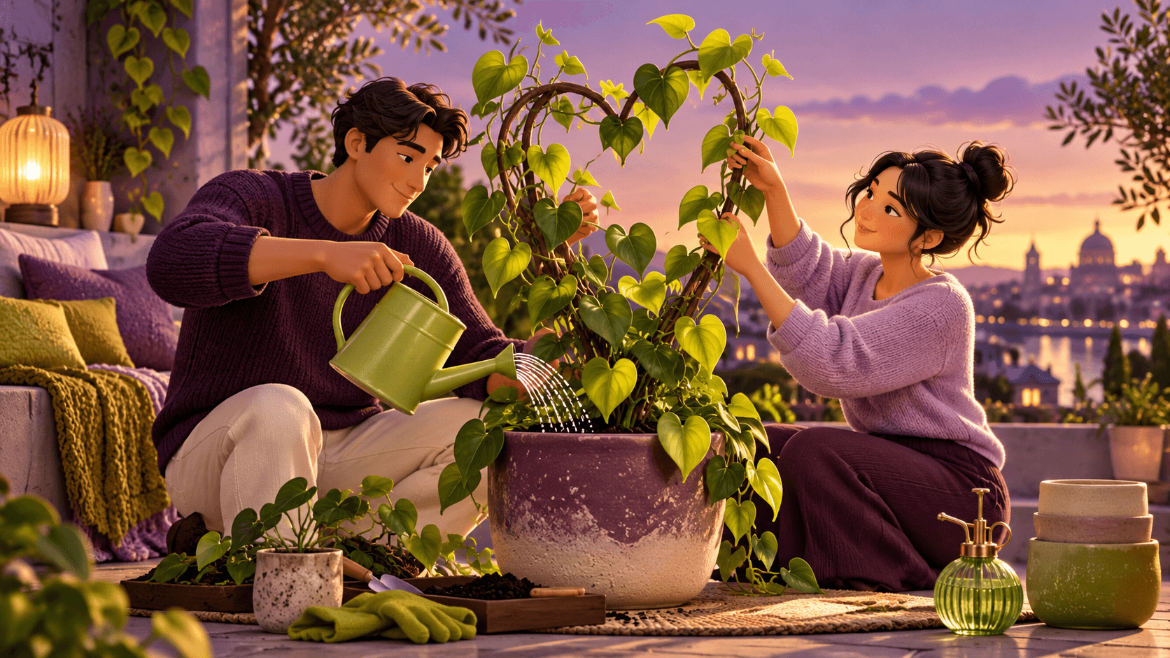 Two people caring for a shared plant, one watering while the other supports a growing branch