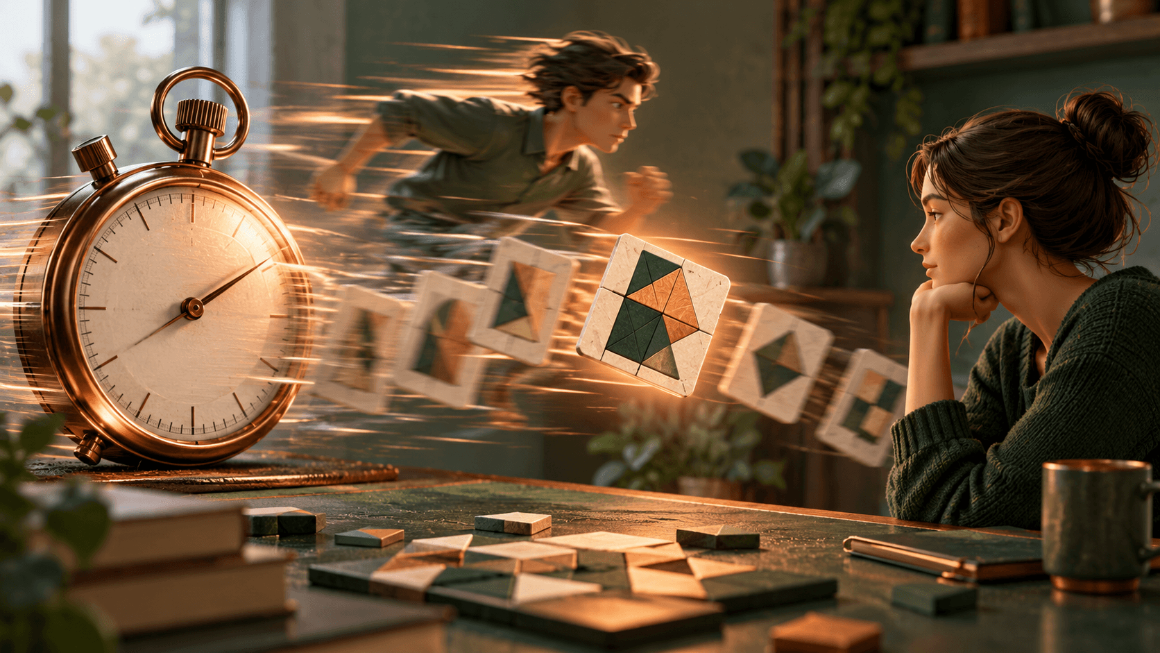 A stopwatch beside a sequence of rapidly moving geometric puzzle tiles, one tile sharply in focus