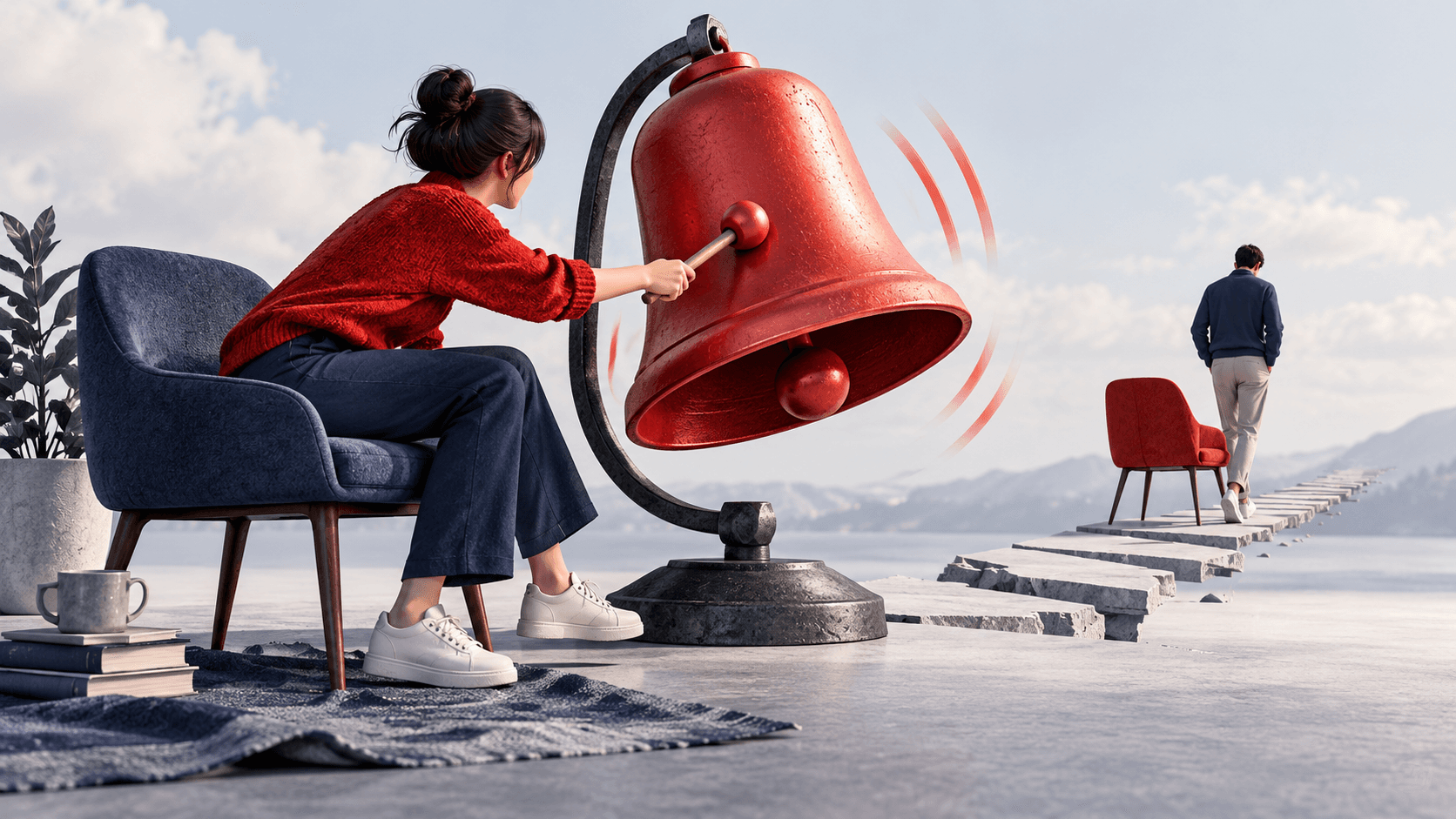 A person tapping an oversized ringing bell between two chairs, the other chair retreating into the distance