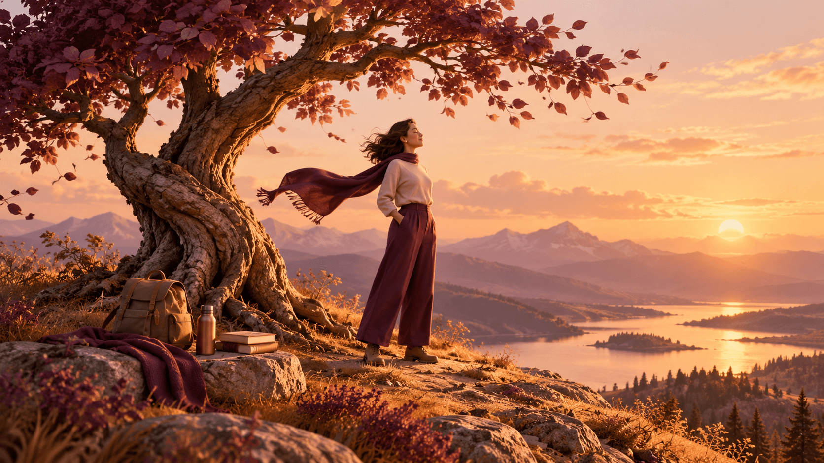A calmly rooted tree beside an understated person standing upright in a gently windy open landscape
