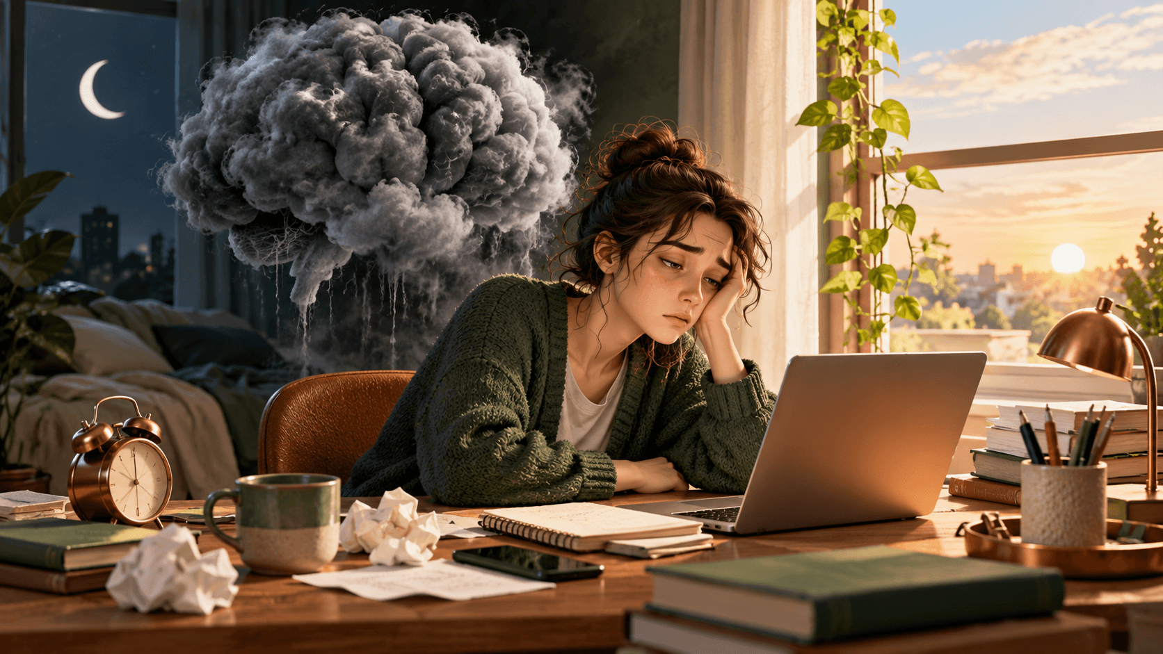 A tired person at a desk under a crescent moon, a cloudy brain-shaped shadow beside a clear dawn window