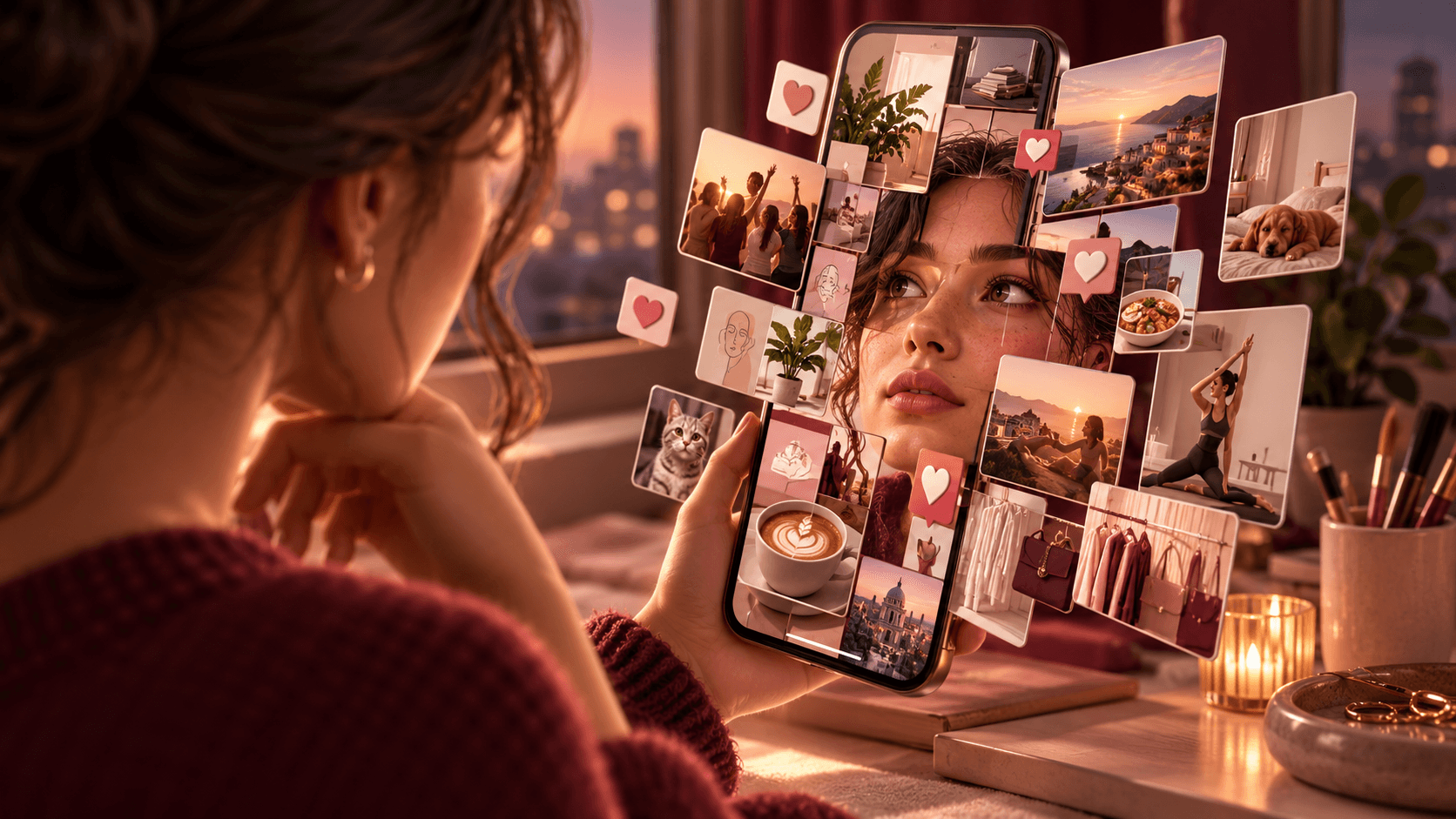 A phone reflecting a person's face as its screen becomes a mosaic of posts, hearts and scrolling tiles