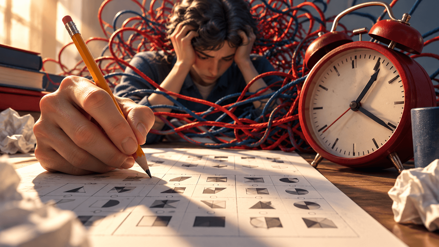 A pencil paused over a reasoning test beside a loud ticking clock, tangled threads crowding the page