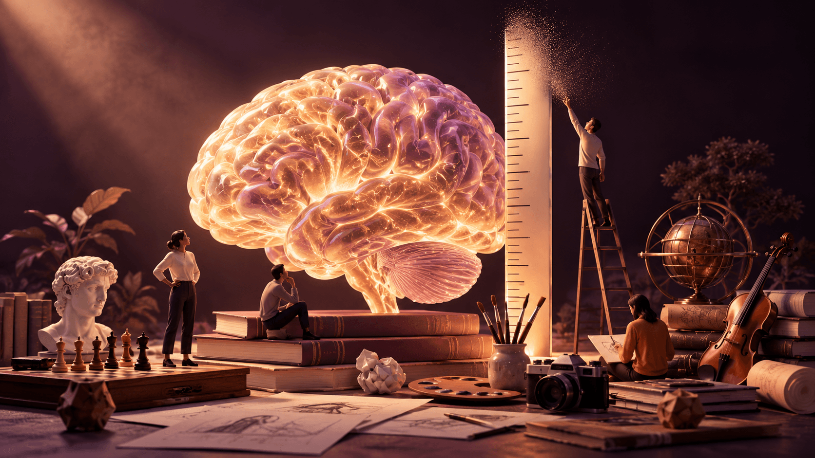 A luminous brain beside a tall measuring ruler fading at its upper end, creative tools scattered at its base