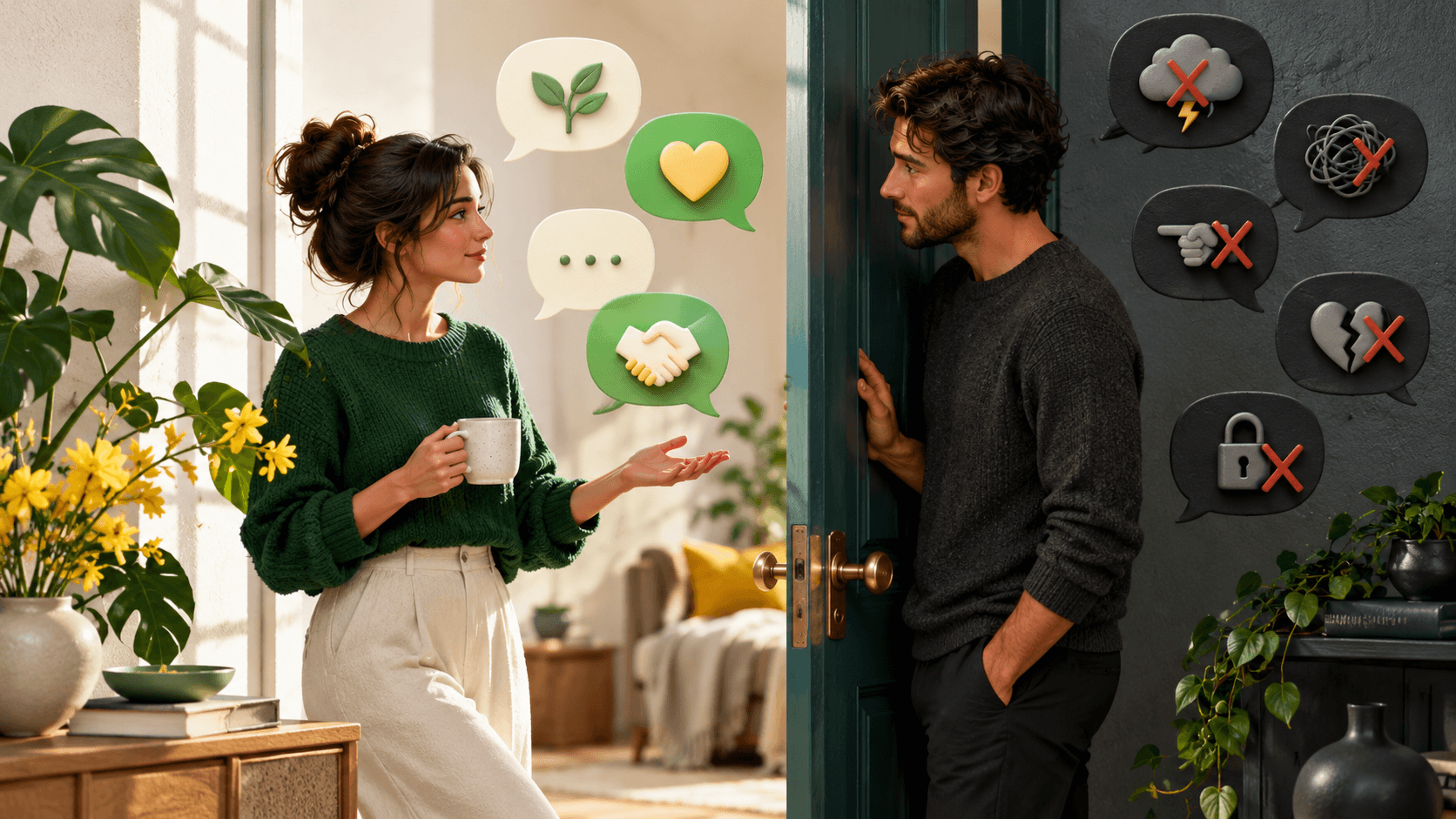 Two people speaking through a gently open doorway, soft speech bubbles leaving plenty of space between them