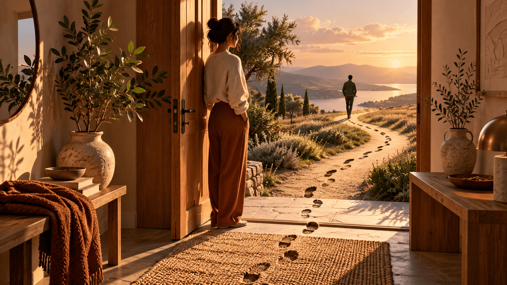 Footprints leaving an open doorway and curving back, a person standing quietly at the threshold