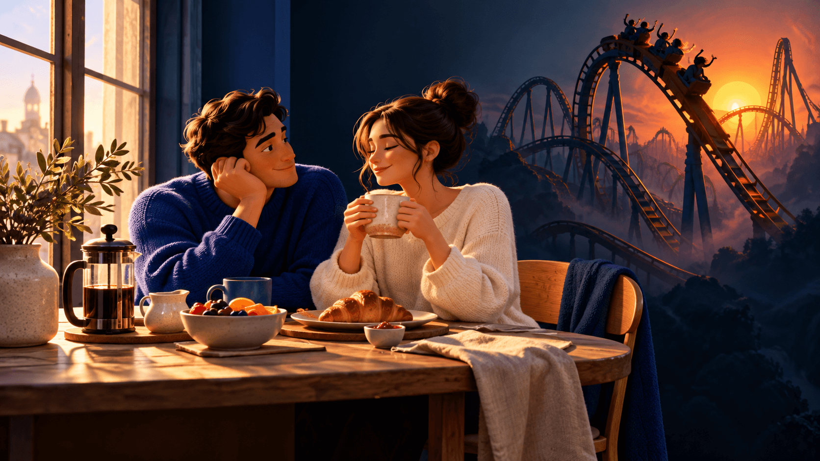 A couple peacefully sharing breakfast beside a quiet window, a dramatic rollercoaster fading in the distance