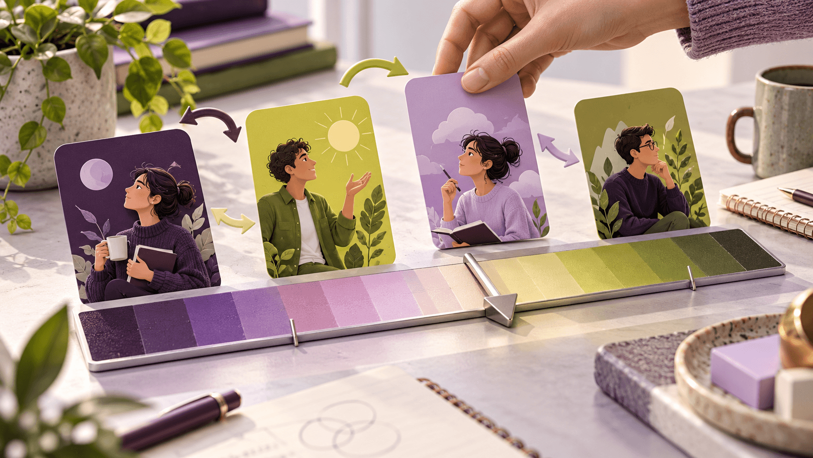 Four letterless personality cards reshuffling beside a continuous color spectrum, a marker near a boundary