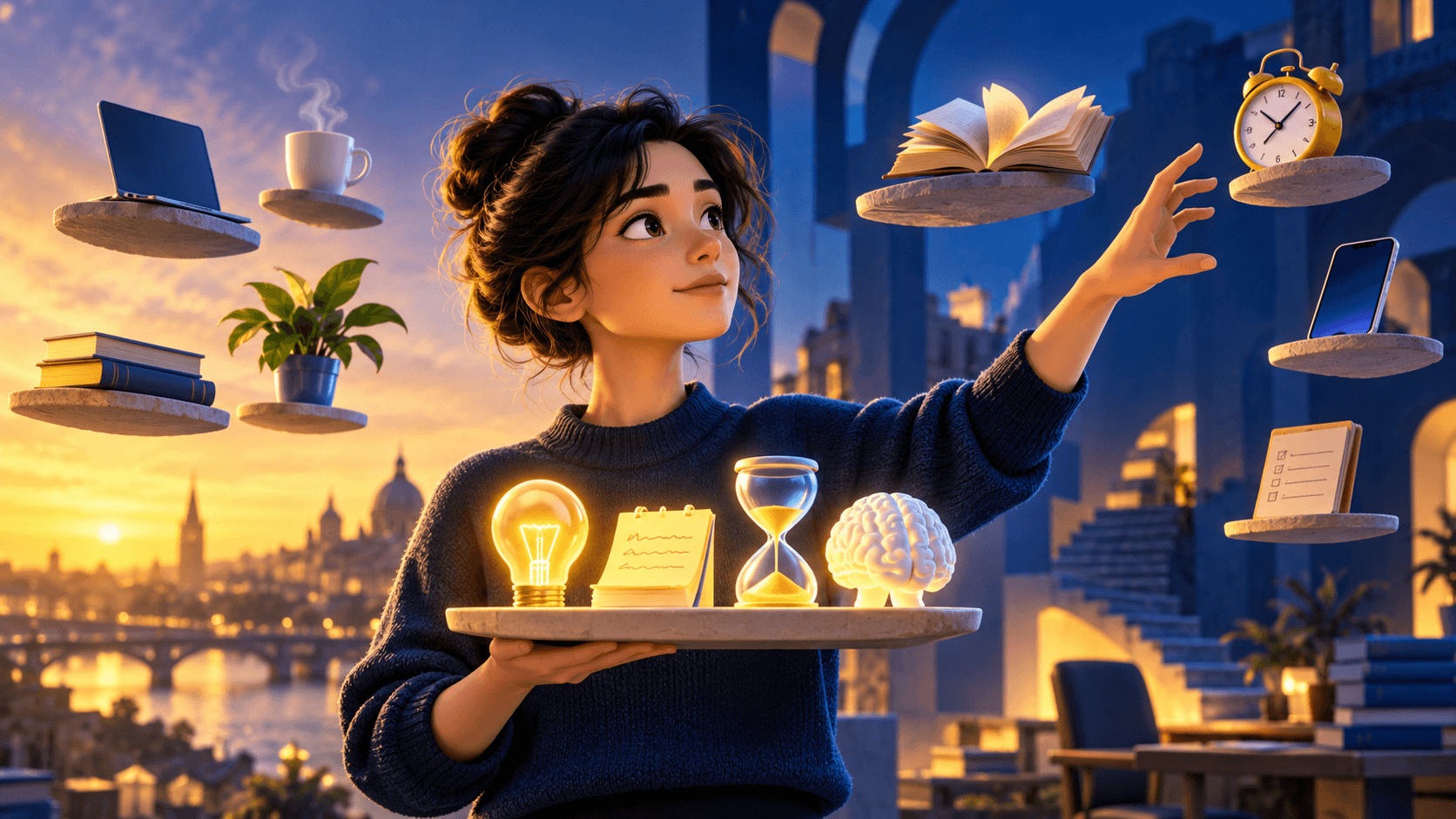 A person holding a small tray with four glowing objects while additional objects hover just beyond reach