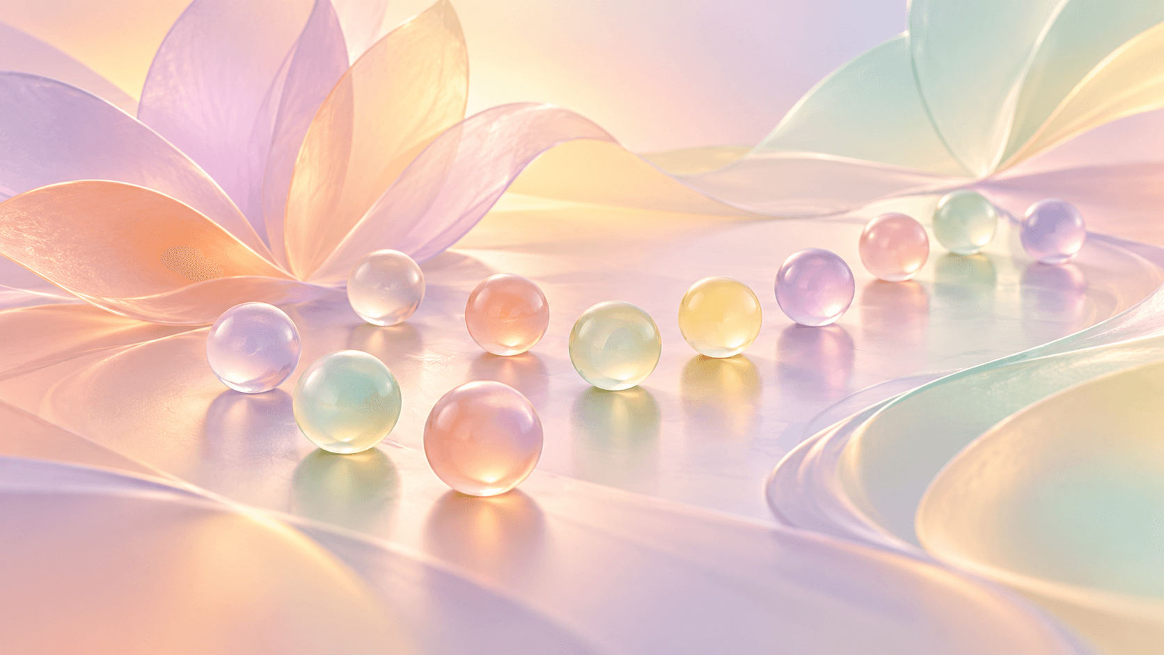 Pastel glass spheres scattered across a soft gradient, a few drifting into a neat line